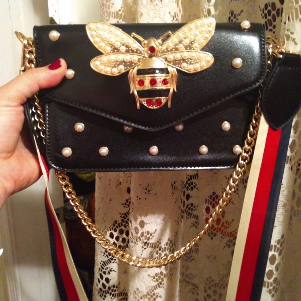 Faux leather black bag with Embellished Bee